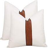 cygnus Set of 2 White Linen Patchwork Faux Leather Throw Pillow Covers for Couch Living Room Bedroom, Modern Accent Decor Square Covers 18X18 inch, Brown and White