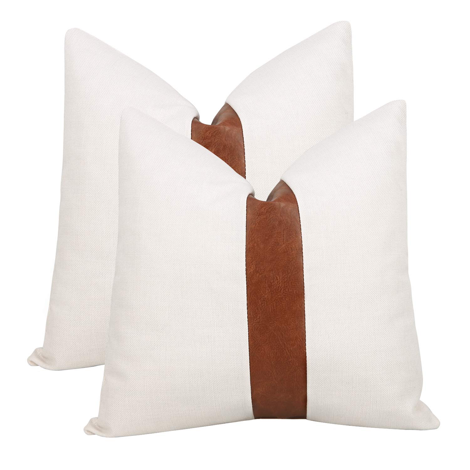 Photo 1 of cygnus Set of 2 White Linen Patchwork Faux Leather Throw Pillow Covers for Couch Living Room Bedroom, Modern Accent Decorative Square Cushion Covers 20x20 inch (White, 20x20 inch)