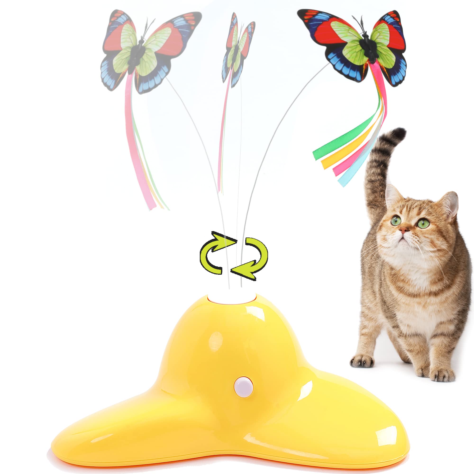 Vealind Interactive Cat Toys for Indoor Cats Smart Cat Feather Toy Rechargeable Kitty Toys with Butterfly Teaser 360° Electric Rotating Toys (Yellow)