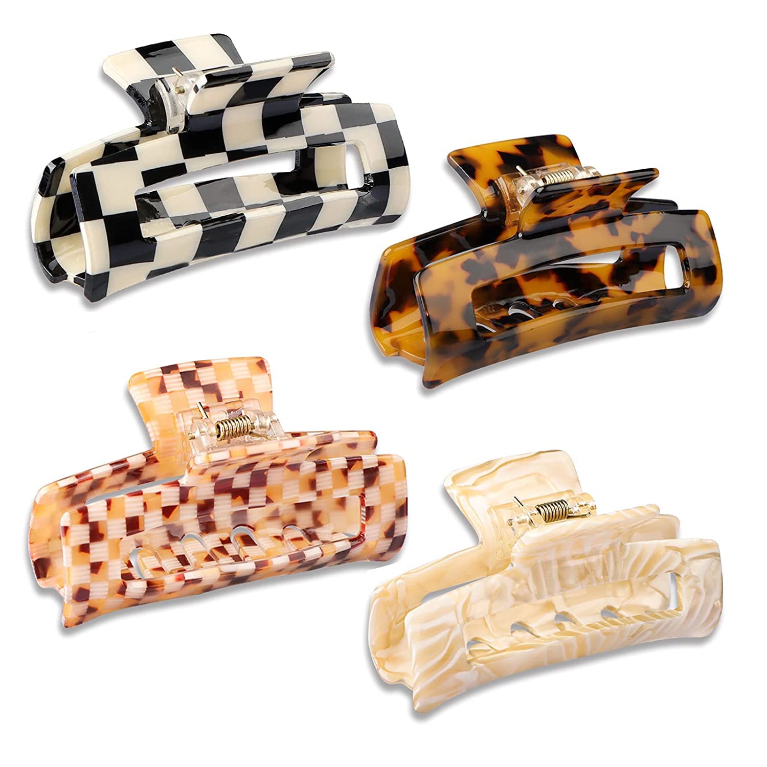 HAYHOI 4PCS Hair Claw Clips, Celluloid French Butterfly Jaw, Tortoise Shell Grip Pin Teeth Clamp-Stylish Accessories for Women Girls Thick Thin Curly Straight Long Hair, Checkerboard, Leopard, White