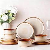 LeRatio Ceramic Dinnerware Sets for 4,12-Piece Plates and Bowls,Handmade Reactive Glaze Dishes Set,Chip Resistant and Scratch Resistant | Oven Dishwasher & Microwave Safe,Service for 4-Kahki