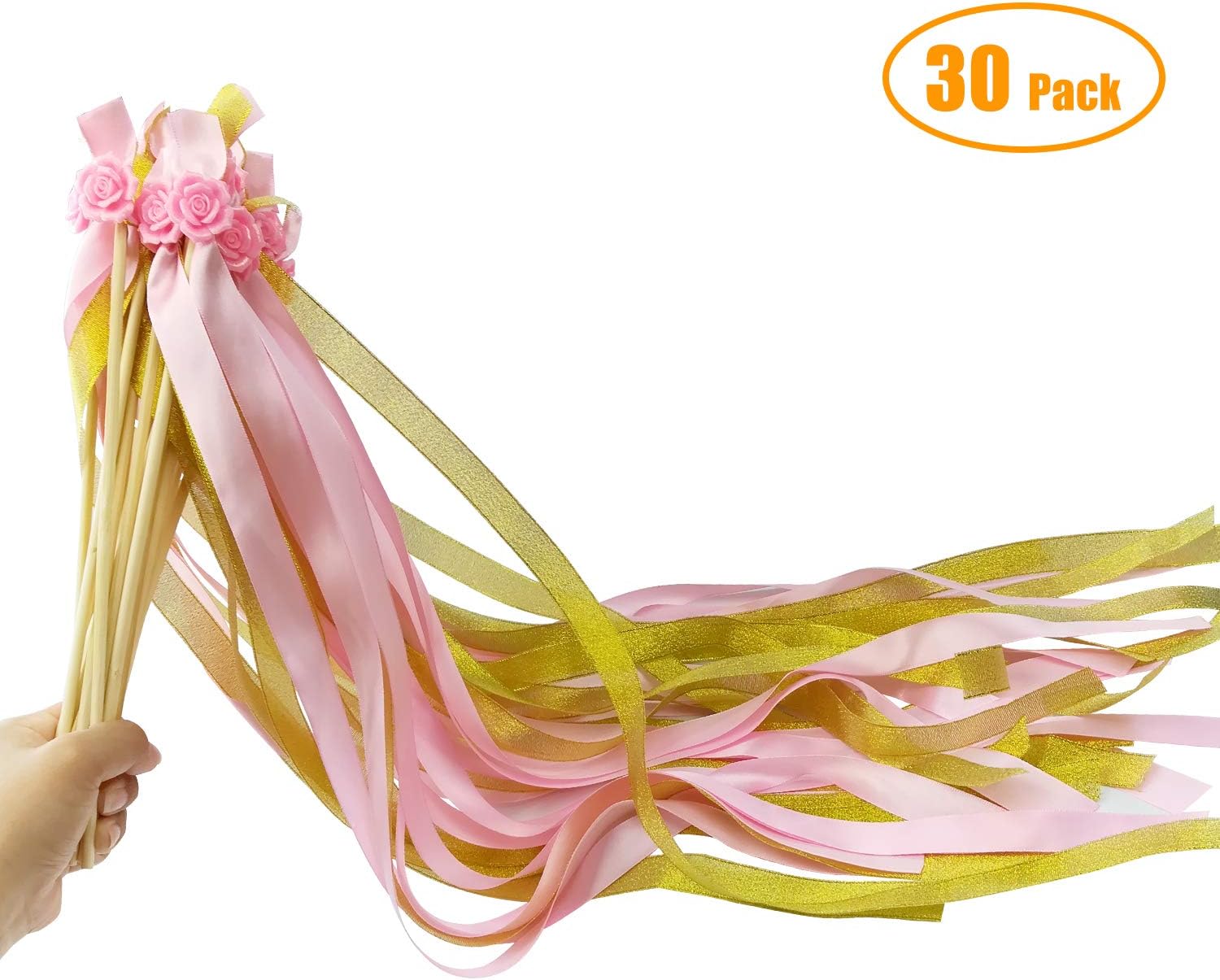 Hangnuo Ribbon Wands Streamers Fairy Wand Stick Party Supplies with Decoration Flower for Wedding Birthday Party Baby Shower Christmas Celebration (Pink & Glitter Gold, 30 Packs)