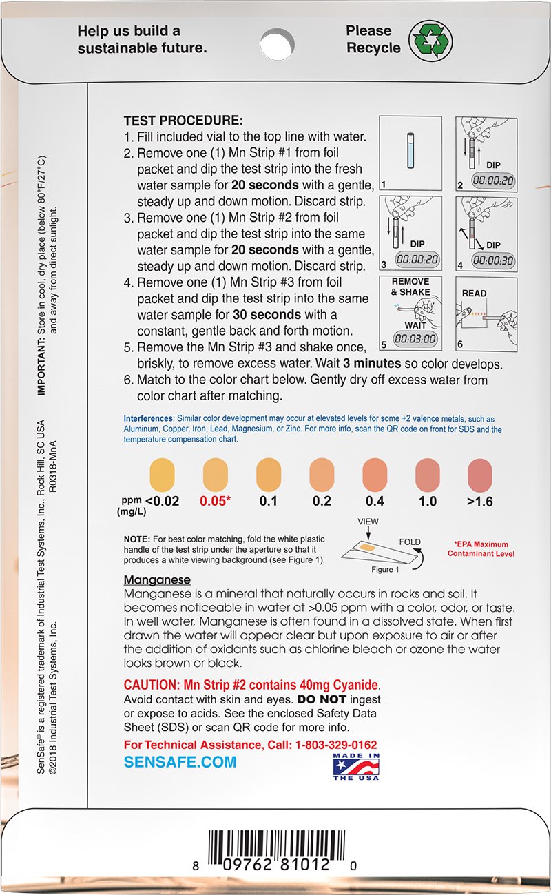 Industrial Test Systems 481012 Sensafe Manganese Water Test Strip Kit