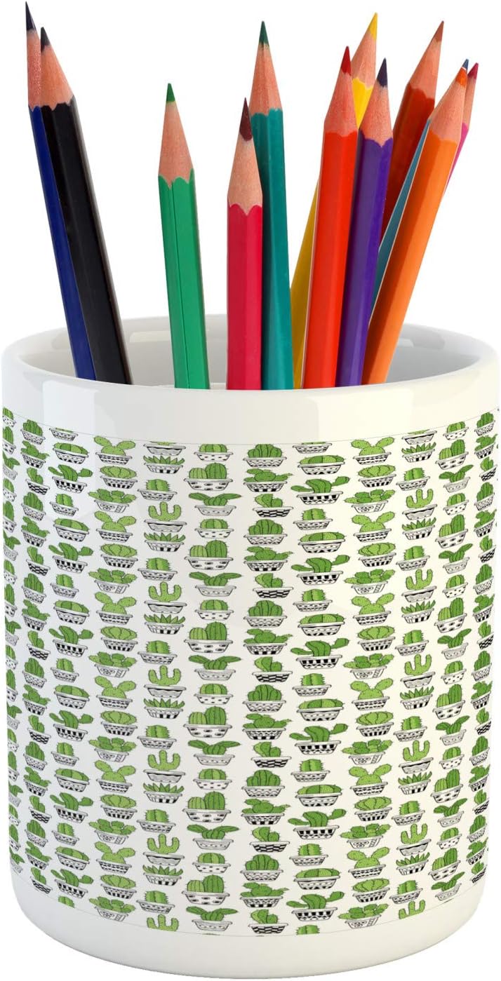 Ambesonne Cactus Pencil Pen Holder, Succulent Spiky Cacti Doodle Patterned Pots Exotic Houseplants, Printed Ceramic Pencil Pen Holder for Desk Office Accessory, Charcoal Grey Apple Green White