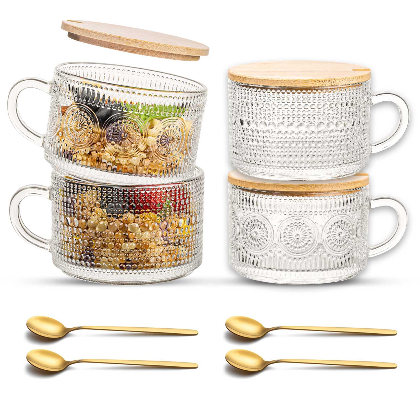 Photo 1 of JBHO Vintage Glass 14OZ Coffee Mugs 4pcs Clear Embossed Glass Cups with Bamboo Lids and Spoons Gifts for Women Overnight Containers for Tea,Cereal,Cappuccino, Latte