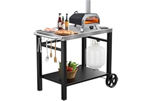 QULIMETAL Outdoor Grill Table Cart, Movable Dining Cart, Pizza Oven Table Stand with Wheels Double-Shelf Movable Food Prep and Work Table, Fits for Ninja Ooni Blackstone Weber Q, 33.5"×21" Stainless Steel