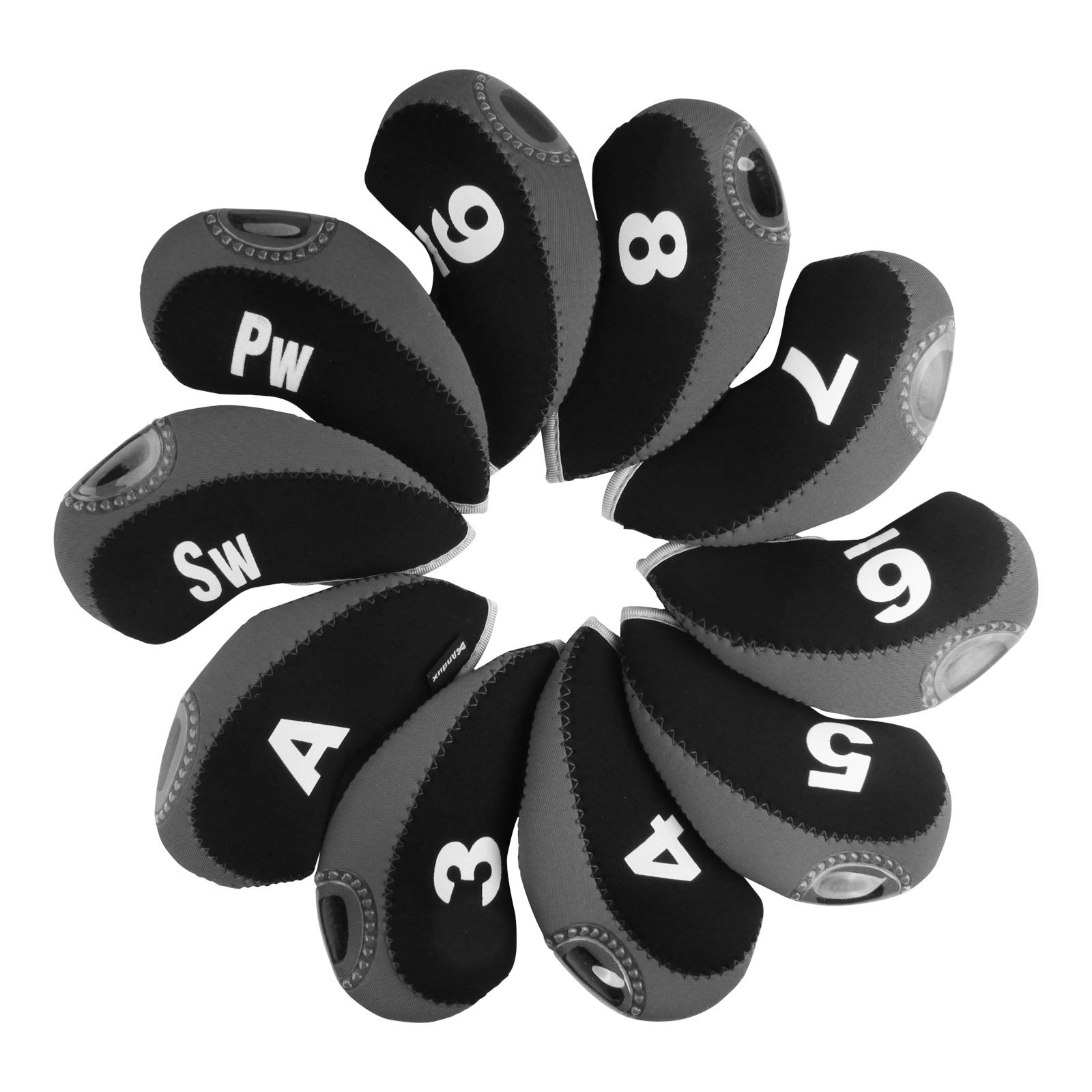Andux Print Number Golf Iron Club Head Covers with Transparent Window 10pcs/Set Black/grey