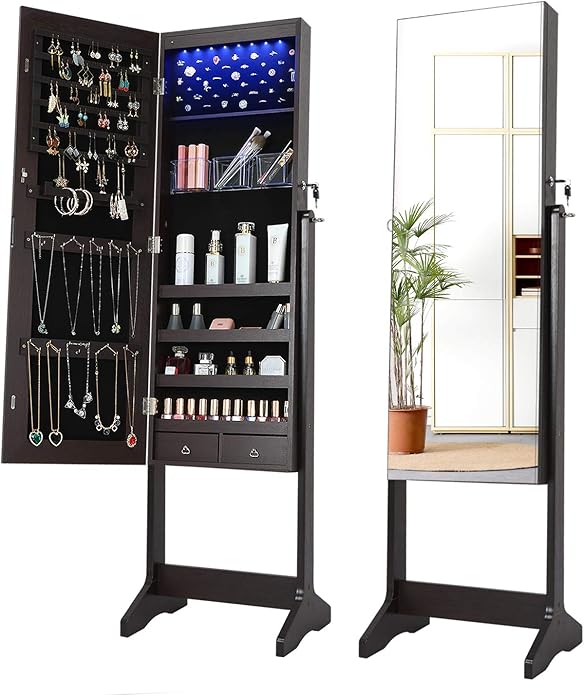 LVSOMT LED Schmuckschrank mit Standspiegel, , abschließbar