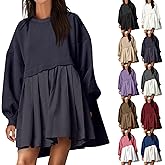FULILYEO Women Sweatshirt Dress Casual Long Sleeve Dress Cute Crewneck Patchwork Fall Dresses Flowy Pleated Mini Dresses
