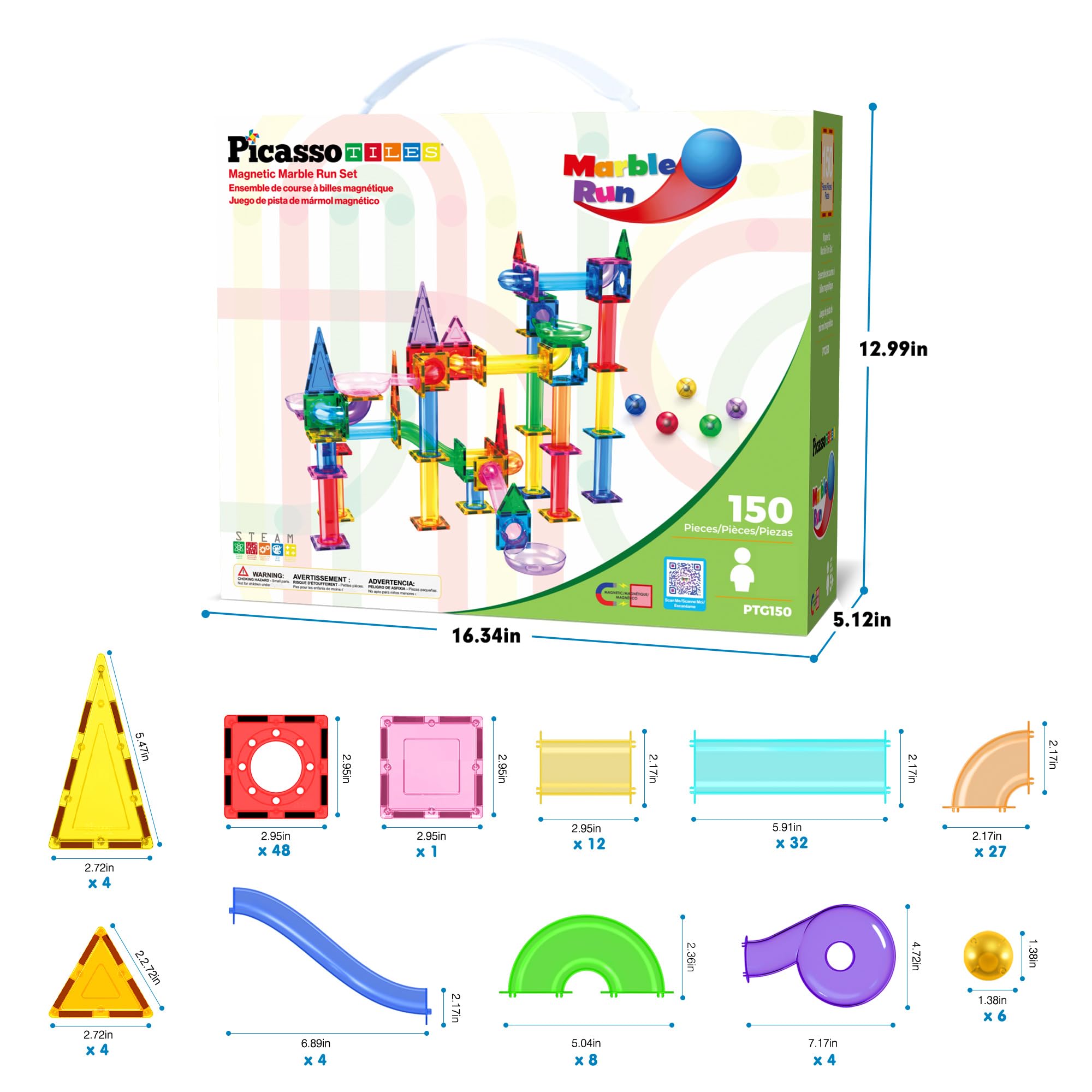 PicassoTiles 150pc Magnetic Marble Run Track Set STEM Construction Toy with Slides Ramps and Tubes Educational Magnet Tile Building Kit Kids Age 3 Plus Learning Gift for Boys Girls Preschool PTG150