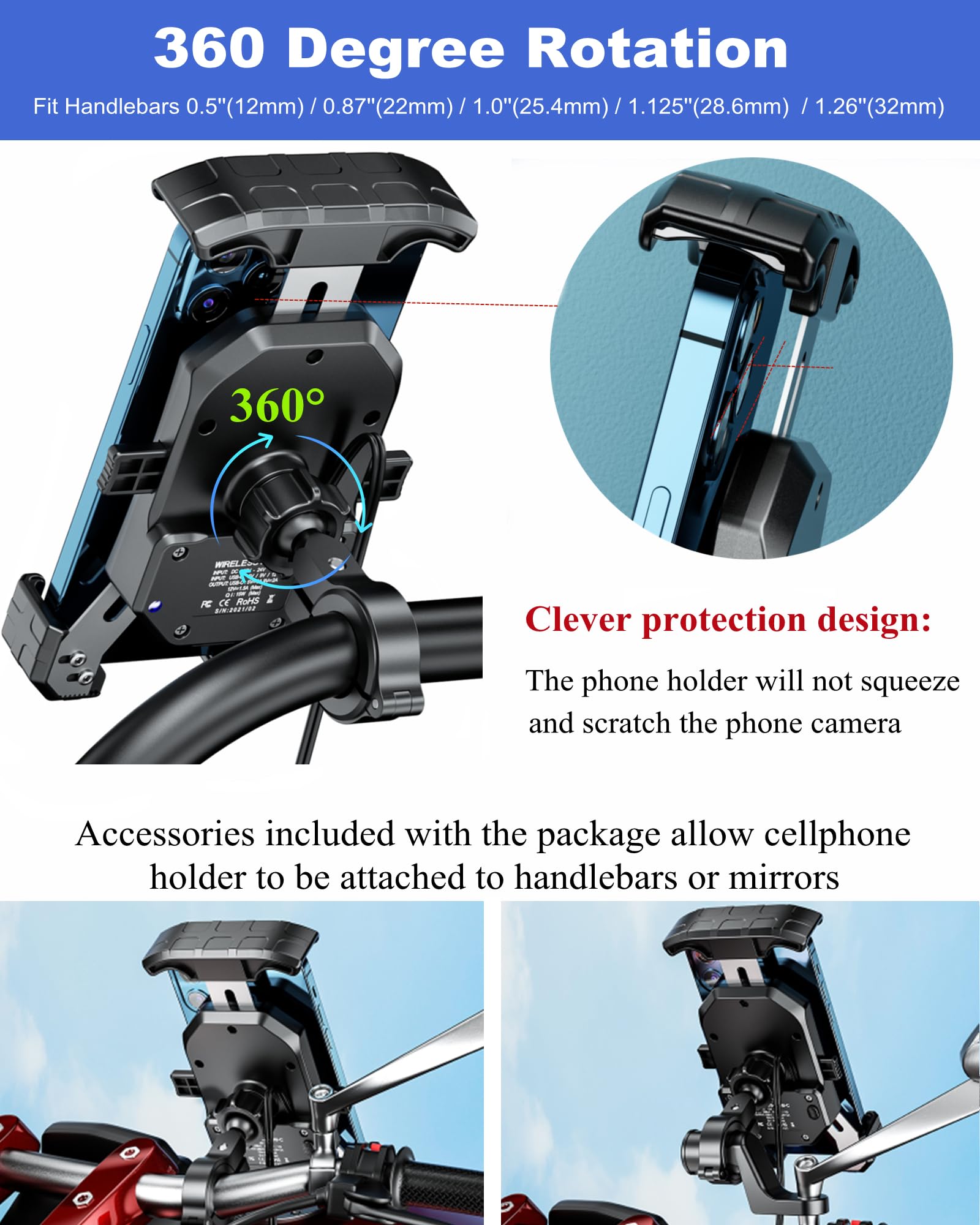 BRCOVAN Motorcycle Phone Mount Holder with Qi 15W Wireless Charger & PD/USB-C 20W Fast Charging Port, [1s Lock] Cellphone Cradle with Aluminum Alloy Handlebar Mounting Base for 4-7'' Smartphone