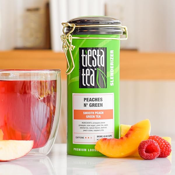TIESTA TEA – PEACHES N’ GREEN, LOOSE LEAF, SMOOTH PEACH GREEN TEA, PREMIUM BLEND, MEDIUM CAFFEINATED, MAKE HOT OR ICED & BREWS UP TO 50 CUPS, 5 OUNCE REFILLABLE TIN