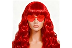 FSLLZCJY Long Curly Wave Wig with Heart Sunglasses and Hair Cap – Set of 3 | Colorful Colored Party Wigs Funny Costume Hairpieces for Halloween Cosplay (Red)