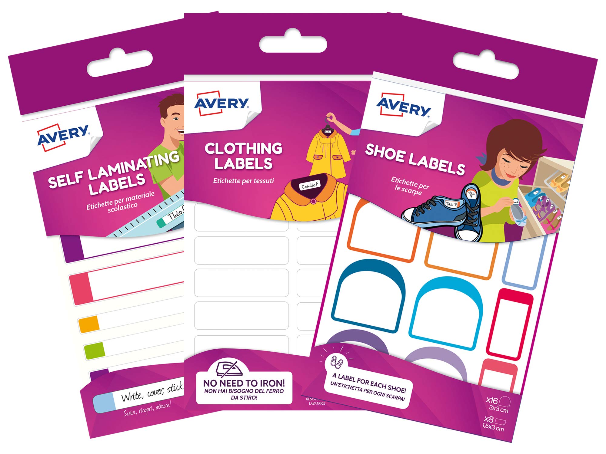 Avery School Name Label Bundle - 84 Count Multicolor Labels (36 Clothing, 24 Shoe, 24 Waterproof) - No Ironing or Sewing Required