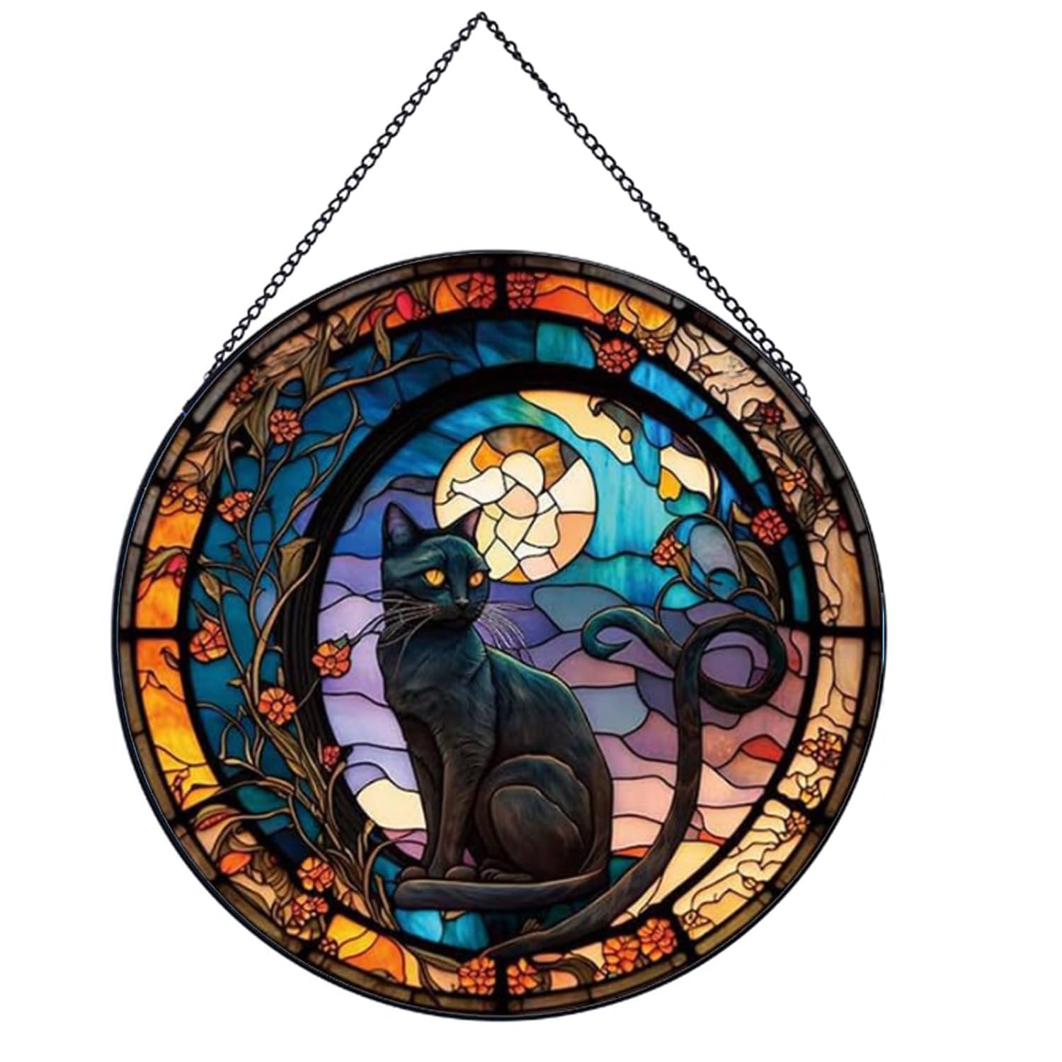 Photo 1 of Payutou Black Cat Stained Glass Window Hangings,Suncatcher Stained Glass for Windows for Cat Lovers,20cm/7.87inch Hand-Painted Sun Catcher Garden Hangings Halloween Fall Christmas Decor for Home