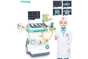 Fegalop Doctor Kit for Kids Pretend Play Doctor Medical Station 28 PCS Doctor Tools Accessories with Doctor Costume, Mobile Cart, Thermometer, Stethoscope, X-Rays, Pulse Machine Great Gift for Toddler