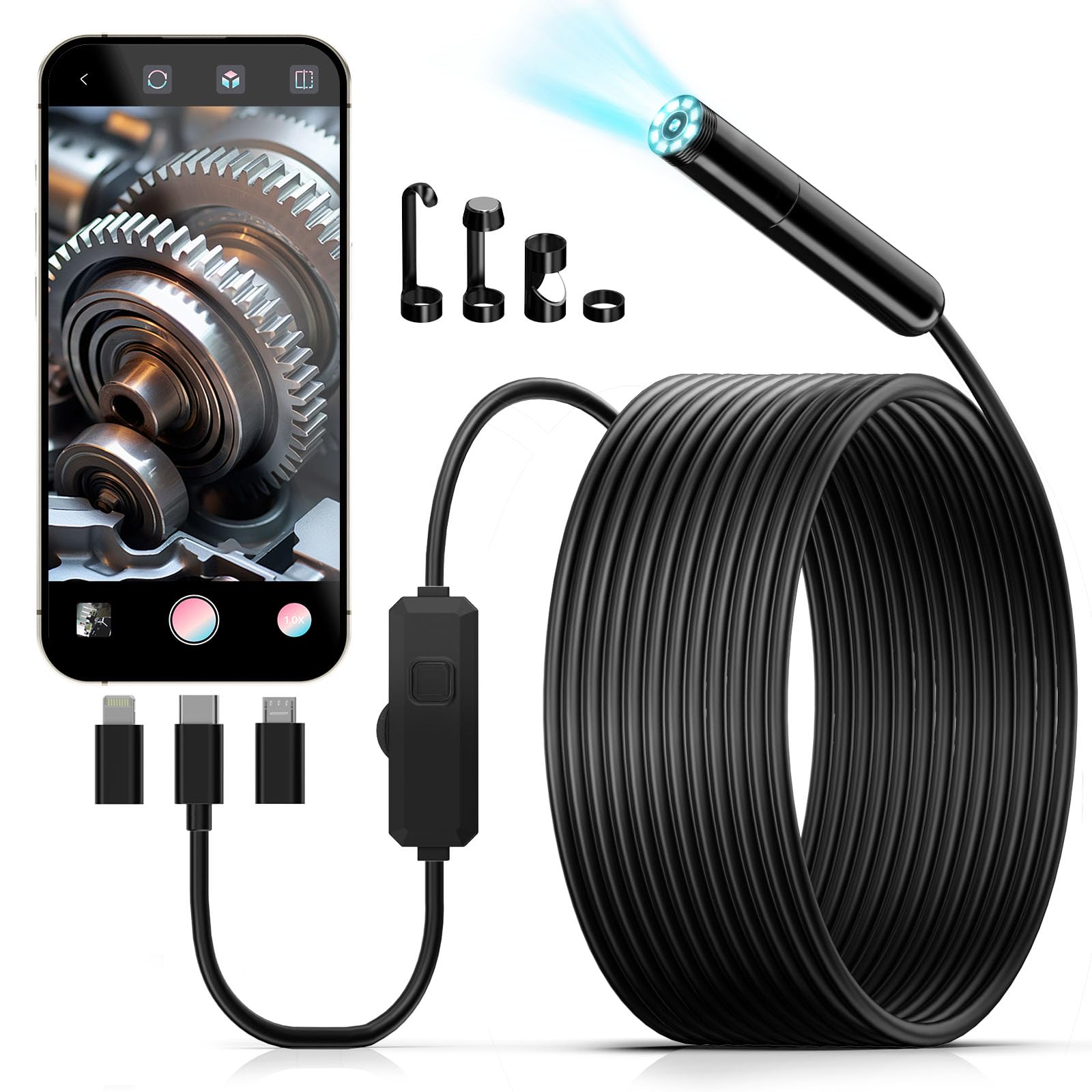 Endoscope Camera with Light, 1920P HD Borescope