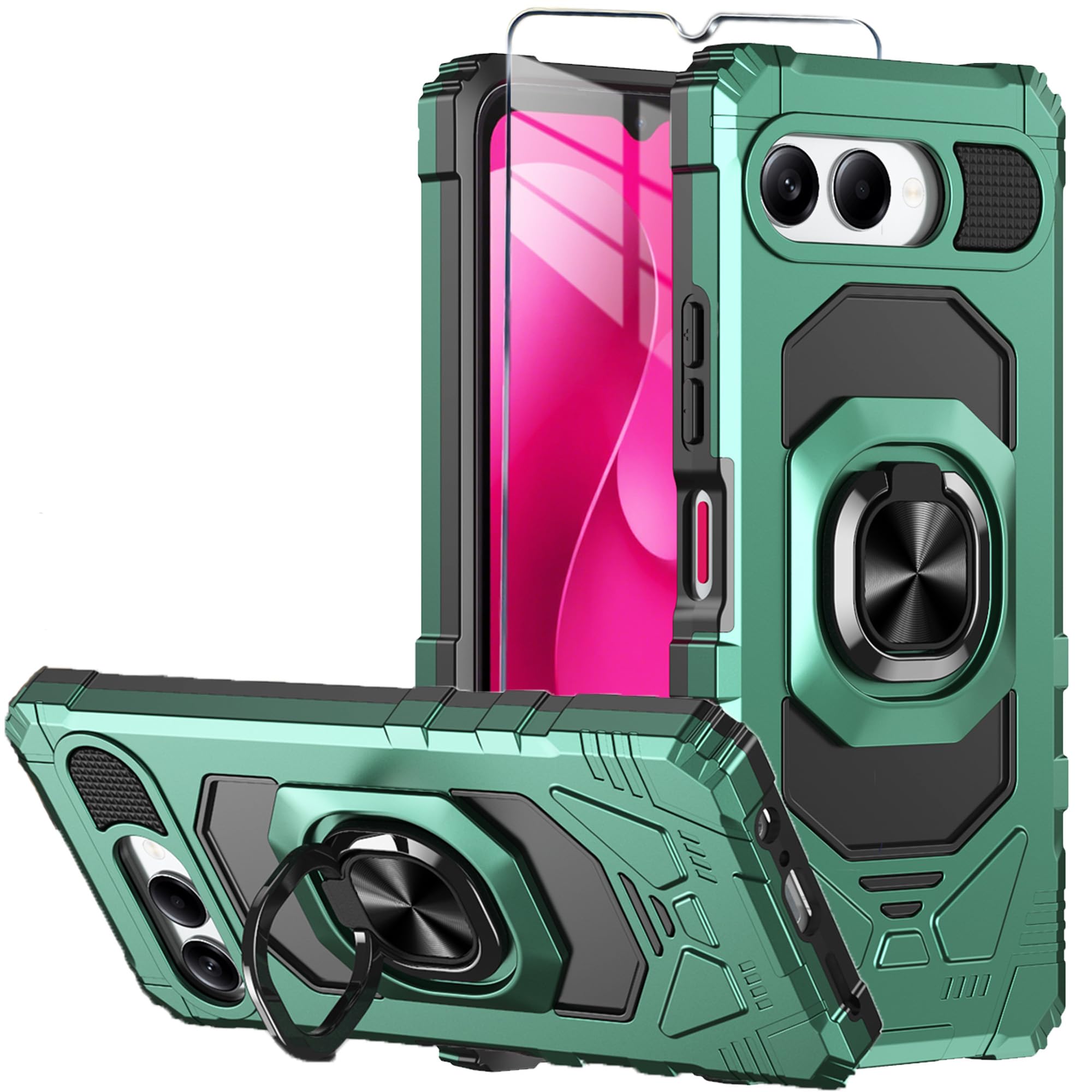 Mocotto for T-Mobile REVVL 8 Phone Case with Tempered Glass Screen Protector,Military Grade Heavy Duty Shockproof Protective Cover,with Ring Kickstand (Dark Green)