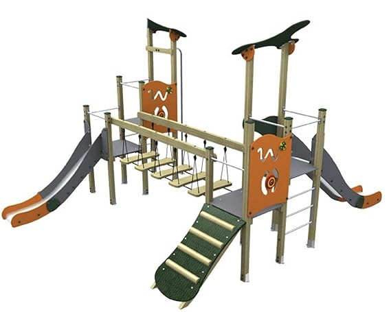Loggyland Spielturm MODERN V mit Brücke, zwei Rutschen, Rutschstange und Rampe - für öffentliche Spielplätze & Einrichtungen
