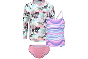 MOON TREE Girls 3 Piece Swimsuits Set Long Sleeve Rash Guard for Girls Tankini Bathing Suits Beach Swimwear 3-16 Years