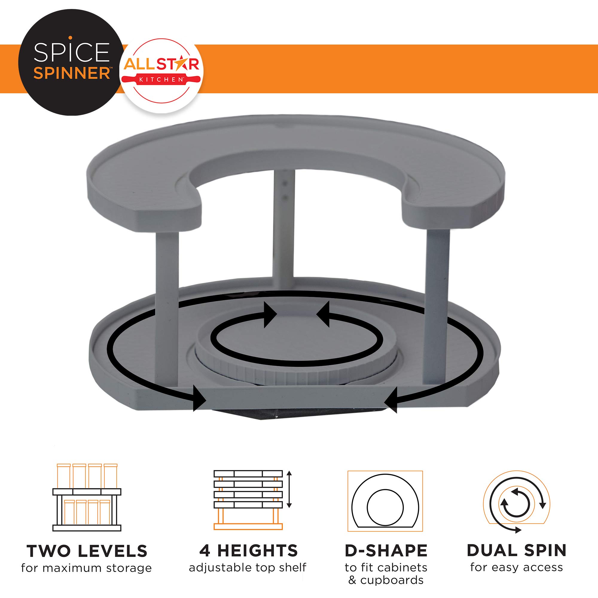 Allstar Innovations Spice Spinner Two-Tiered Spice Organizer & Holder That Saves Space, Keeps Everything Neat, Organized & Within Reach With Dual Spin Turntables- Grey