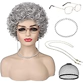 Guree Hair Granny Wig for Old Lady Costume Short Grey Grandma Wigs for Women 100 Days of School Cosplay Party Halloween Use (5pcs Set)