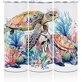 Cute Sea Turtle Decor Tumbler, 20 oz Tumbler, Insulated Coffee Mug, Stainless Steel Thermal Cup with Lid, Vacuum Travel Cup, Appreciation Christmas Birthday Sea Turtle Gifts for Women Men Girls Boys