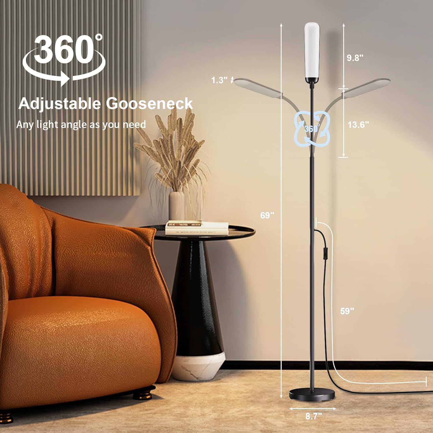 xinp Floor Lamp, Bright 18W LED Standing Lamps for Living Room, Remote Stepless Adjustable Color and Brightness Dimmable with ON/Off Switch, Gooseneck Reading Lights for Bedroom Office, 1300LM