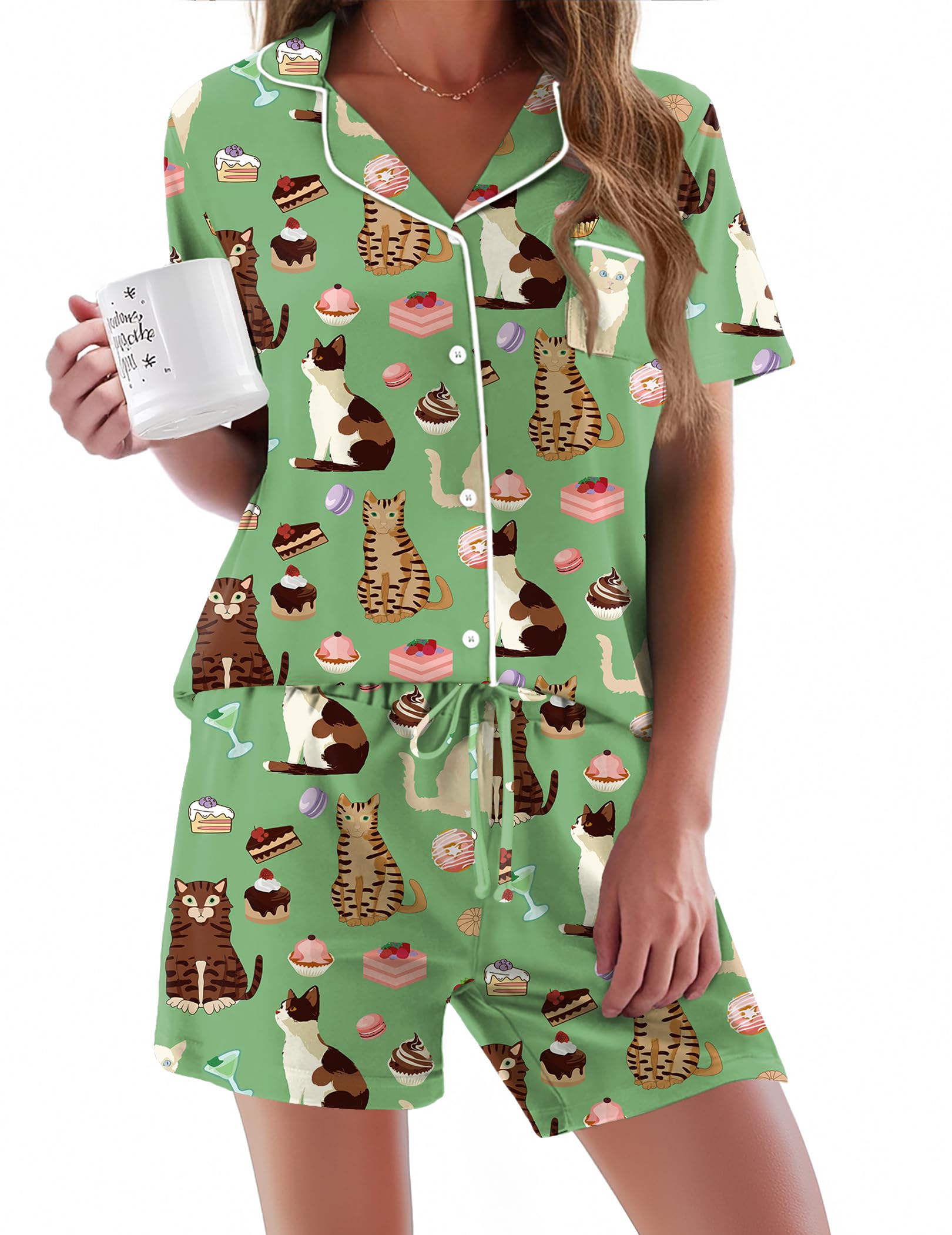 Ekouaer Pajama for Women Set Short Sleeve Sleepwear Button Down Pjs Soft 2 Piece Loungewear Green Cat Print 3X-Large Image