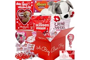 MUCHAI INNOVATIONS Valentine's Day Gift Basket | Puppy Dog Plush, Reeses, Hershey Kissees, Creme Savers, Milk Chocolate Bar, Tootsie Lollipop, Blow Pop, Bag & Card - Him Her Boy Girl Friend Kids (Love)
