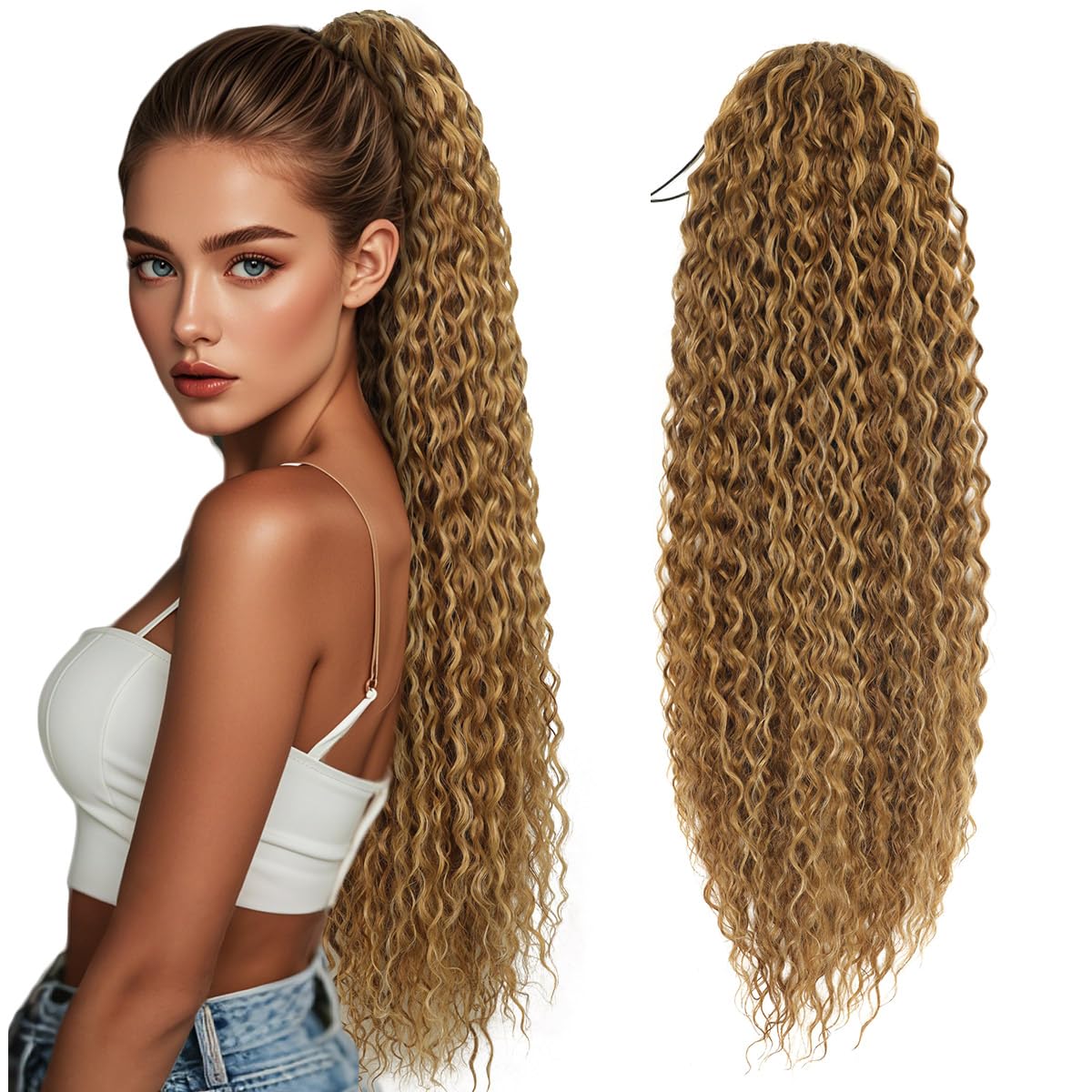 BHF Drawstring Blonde Ponytail Extension - Long Curly Hair Ponytail Extensions Dark Blonde Mix Natural Pony Tail Extension for Black Women（30inch 8/24#） — image 1
