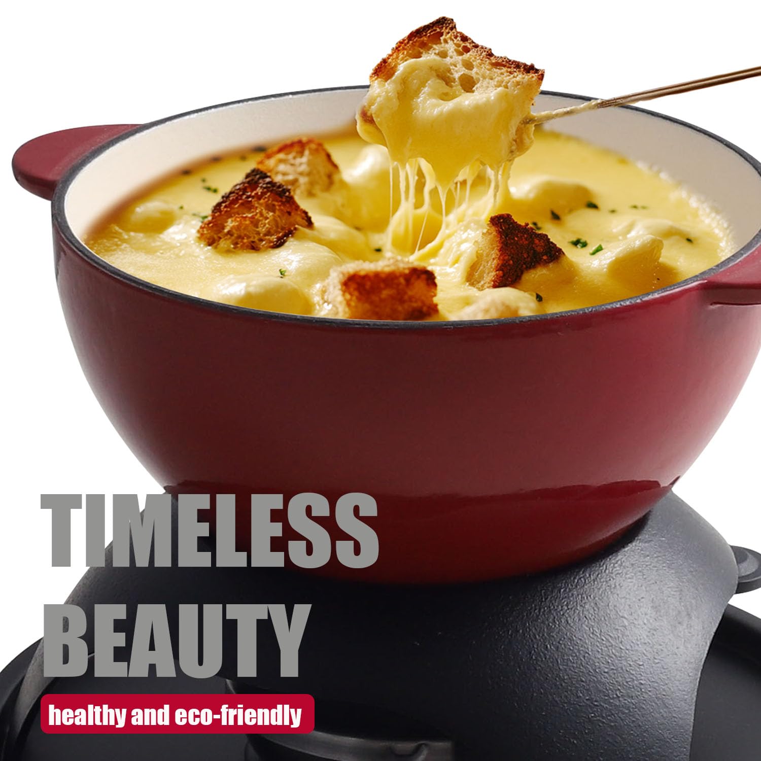 Artestia Cast Iron Cheese Fondue Set 11-Piece with Adjustable Burner, 6 Colored Forks, 5-Cup Red Swiss Fondue Set for Cheese, Chocolate, Caramel, Meat – Family Size 4-6 Persons