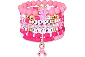 FAERLIIRY Pink Ribbon Bracelets Breast Cancer Survivor Gifts for Woman Glitter Beaded Bracelet HOPE FIGHT Pink Bracelets Breast Cancer Survivor Support Jewelry Gifts