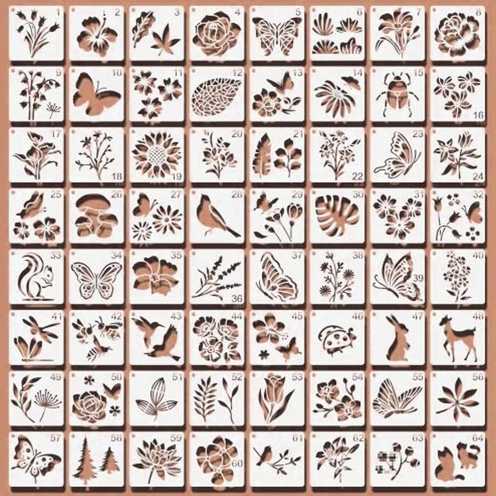 64Pcs Flower Stencils for Painting - Reusable Butterfly, Bird Drawing Stencil - Openwork DIY Crafts on Wood Wall Home Decor