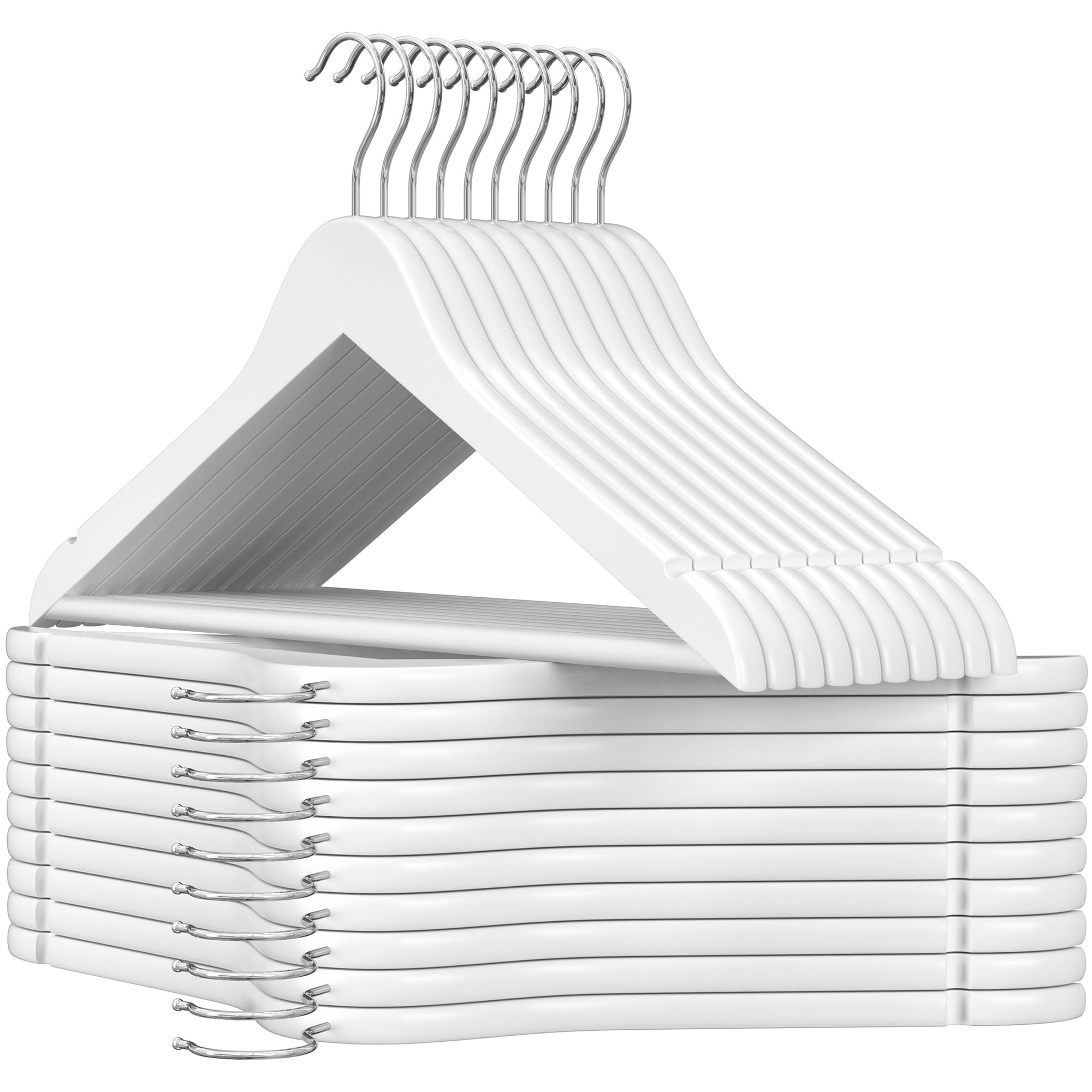 SONGMICS Wooden Hangers, Set of 20, Coat Hangers, Clothes Hangers, with Shoulder Notches, Anti-Slip Trousers Bar, 360° Swivel Hook, for Suits, Shirts, Coats, White and Silver CRW03W-20