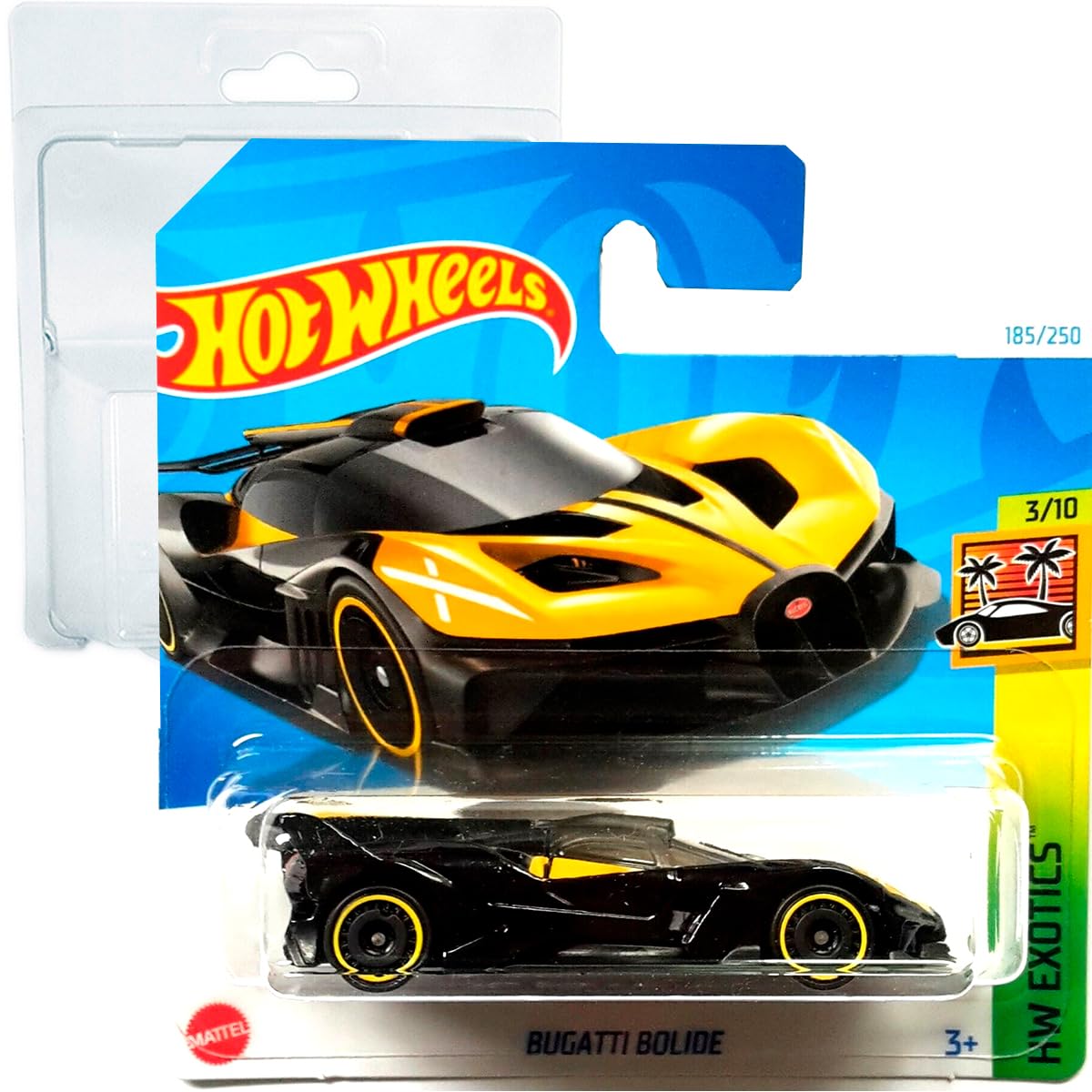 Hot Wheels Bugatti Bolide HW Exotics 3/10 (185/250) HTC22 Yellow 2024 + Protector Short Card Frikimonkey