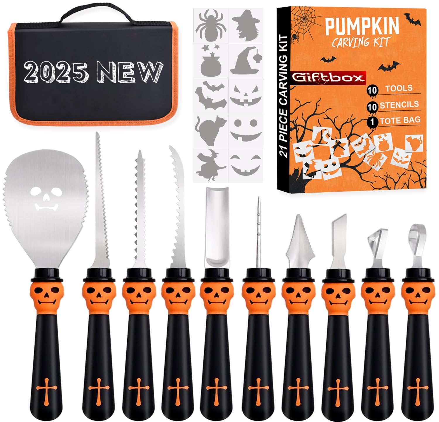 Photo 1 of 21 Pieces Comfort Grip Pumpkin Carving Kit with Gift Box and Carrying Case Heavy Duty Stainless Steel Pumpkin Carver Tools Pumpkin Sculpting Set and 10 Stencils for Halloween Jack-O-Lanterns (BLACK)