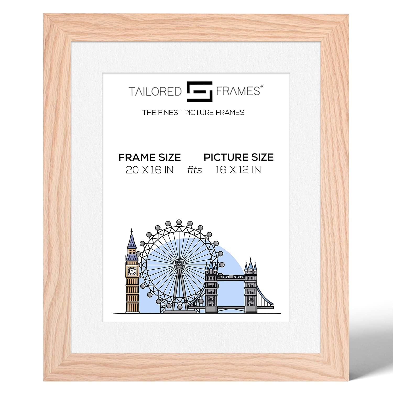 Tailored Frames 99 Solid Natural Oak 20" x 16" Frame for 16" x 12" Picture | Single Picture Frames | Wall Hanging Type | Photo Frame with White Mount