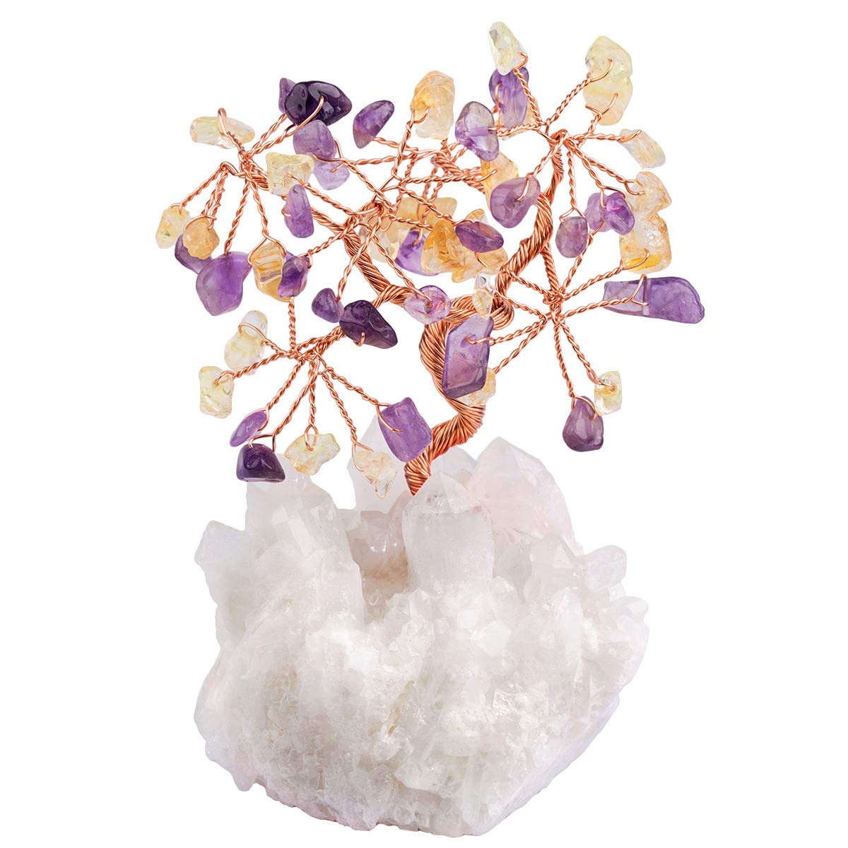 mookaitedecor Natural Amethyst Citrine Crystal Bonsai Money Tree Ornament, Healing Crystal Gift, Clear Quartz Crystal Cluster Base Tree of Life Feng Shui Ornament for Home Office Lucky Stone Tree