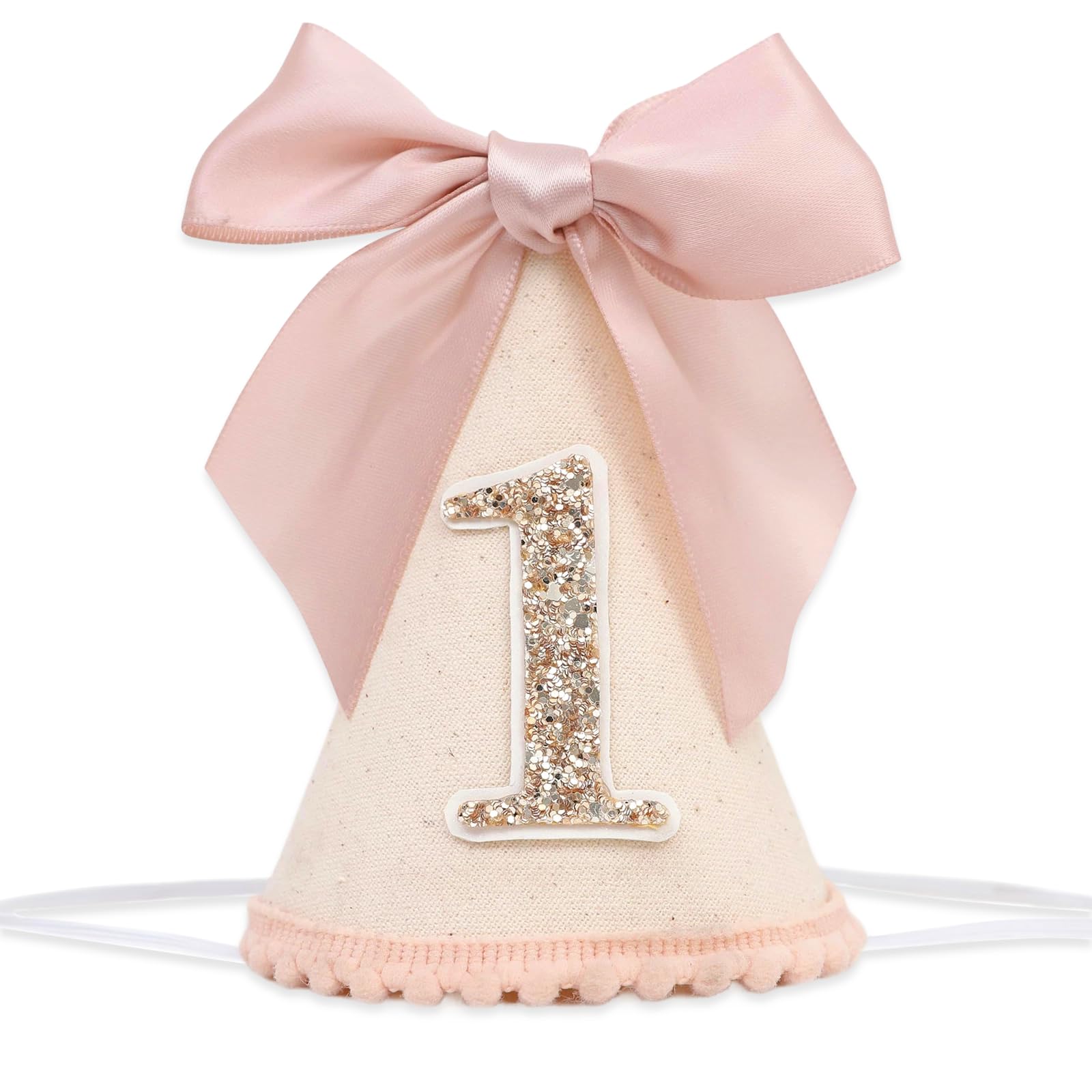 Joalpysm 1st Birthday Hat for Baby, First Birthday Cone Cap with Pink Bow, Adjustable Baby Party Hats for 1 Year Old, Felt Birthday Hats for Kids Photo Props & Celebration