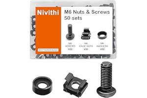 Nivithi SR620 M6x20 Server Rack Cage Nuts and Rack Screws Kit 50 Sets, Black Zinc M6 Nut for Rack Mount Cabinets, Includes Sc