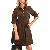 YEXPINE Women's Corduroy Shirt Dress Casual Long Sleeve V Neck Button Down Tunic Mini Dress with Pockets