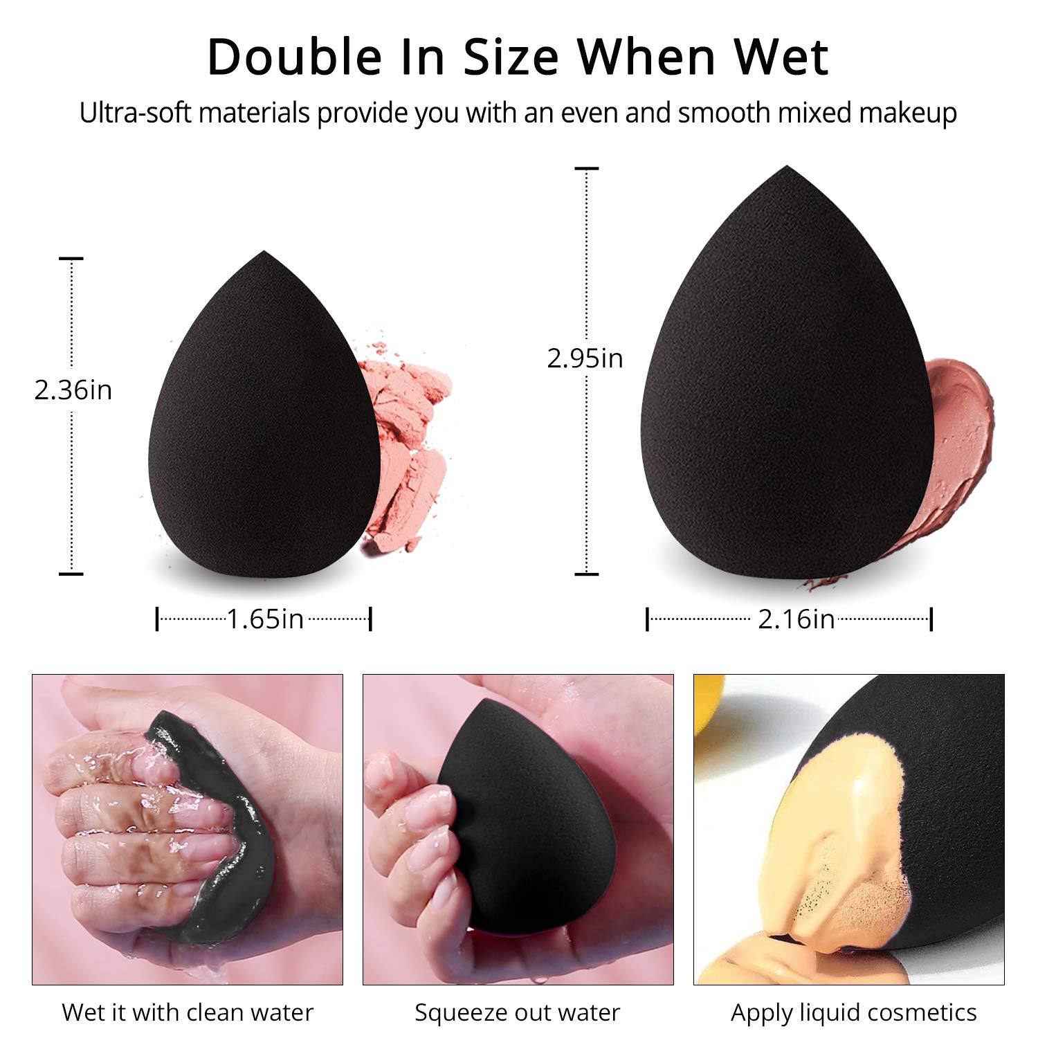 BEAKEY Makeup Sponge, Latex-free and Vegan Makeup Blender Beauty Sponge, Flawless for Cream, Liquid Foundation & Powder Application (2Pcs, Black) : Beauty