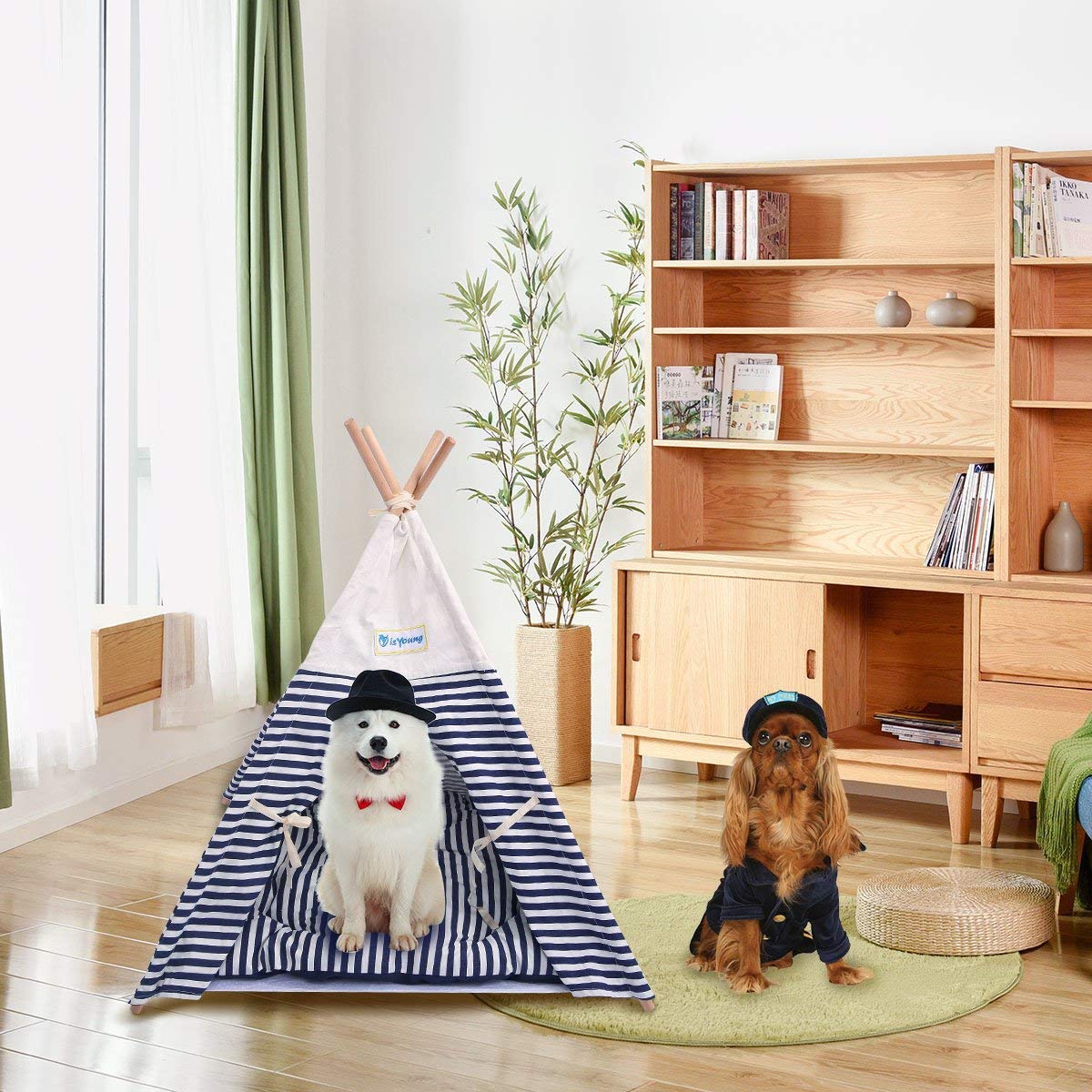 isYoung Pet Tent Bed, Pet Teepee House for Cats and Little Dogs Washable Navy Stripe Style with Breathable Mesh Window - Come with A Mat, Used All Year