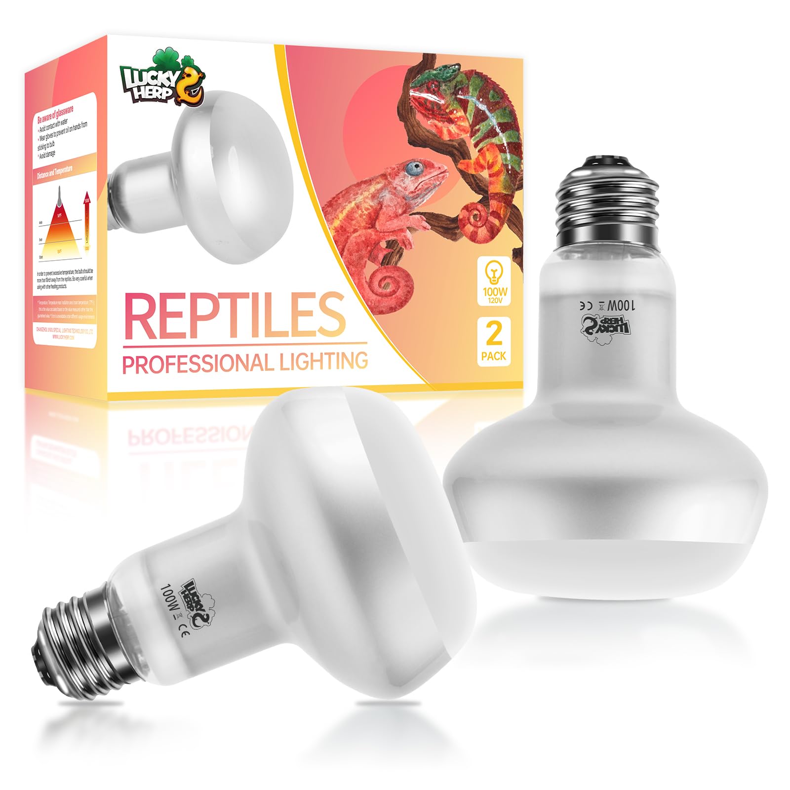 LUCKY HERP Reptile Heat Lamp Bulb(100W 2 Pack), Daylight Basking Spot Heat Lamp for Reptile, Vivarium UVA Heat Light Bulb for Tortoise, Turtle, Snake, Puppies, Chicks, Bearded Dragon