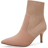 Coutgo Women's Pointed Toe Ankle Boots Stiletto Kitten Heel Knit Faux Suede Winter Sock Booties