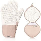 Dorkuova Oven Glove Cute,Cooking Mittens,Oven Mittens for Kitchen,Oven Gloves for Kitchen,Washable Silicone Oven Mitts Heat Resistant 500°F, Potholders for Kitchens Cooking Baking(Cream