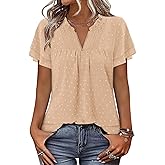 BETTE BOUTIK Womens Dressy Casual Tops Summer Short Sleeve Boho Flowy Shirts Swiss Dot V Neck Blouses