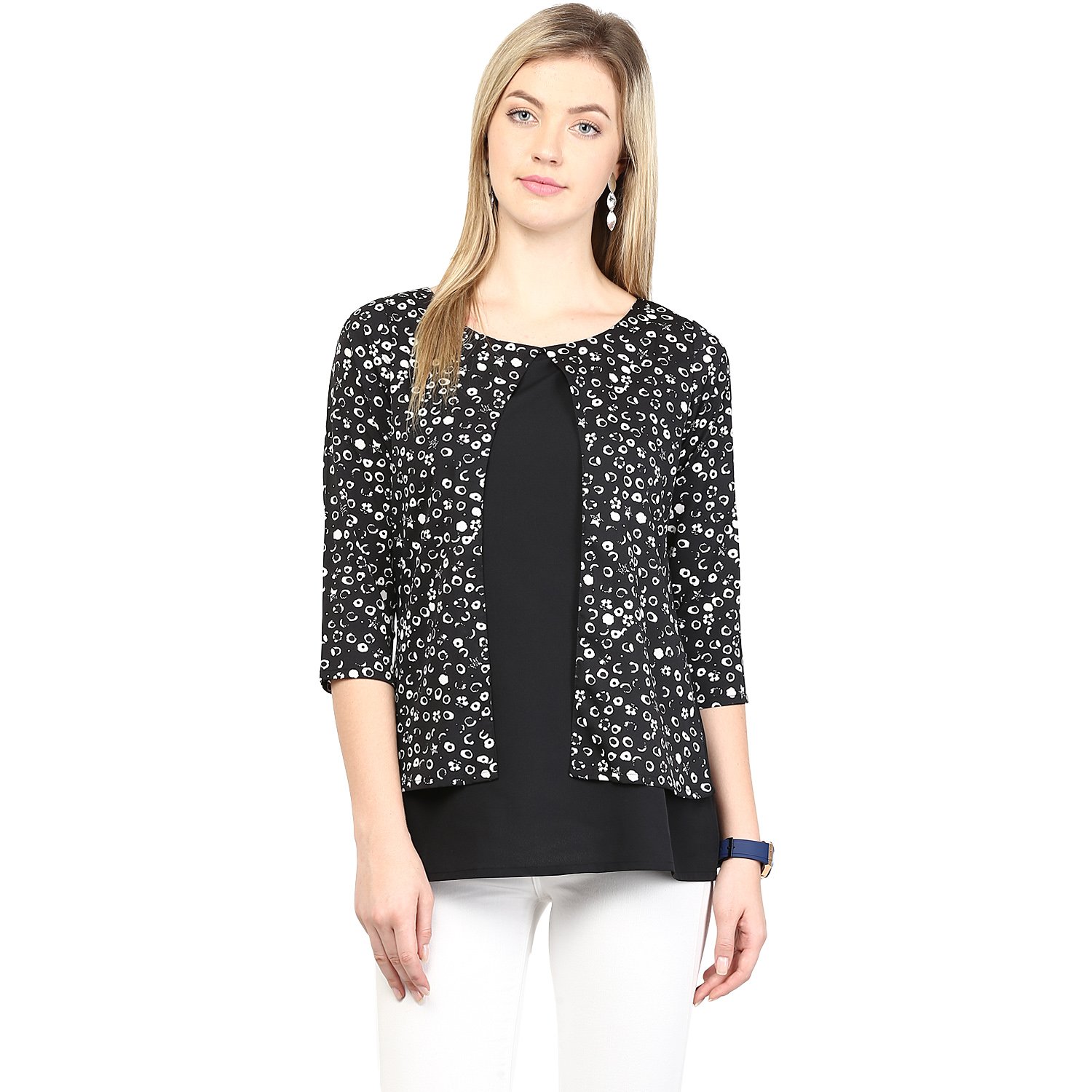 rare black crepe polka dots round neck tops for women (ep1004)