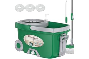 WODEMOM Dual Compartment Spin Mop and Bucket, Mop and Bucket with Wringer Set,360°Rotating Spinning Mopping for Floor Cleaning with 3 Microfiber Replacement Heads, 61" Extended Handle, 2X Wheel - Deep Green